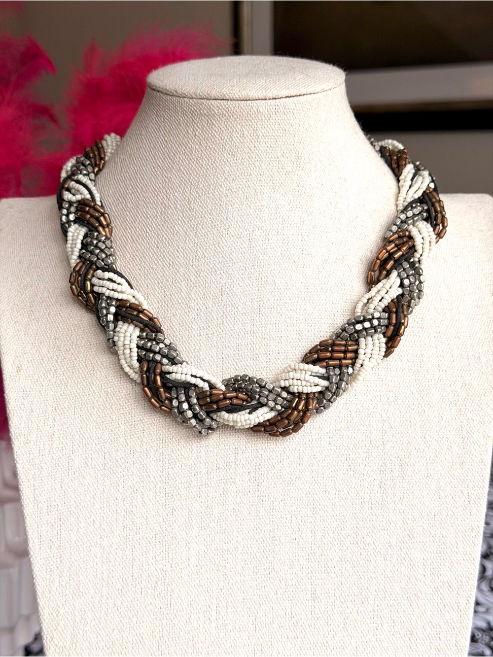 Artisan Braided Beaded Statement Necklace Silver Bronze Ivory Boho 19-21”